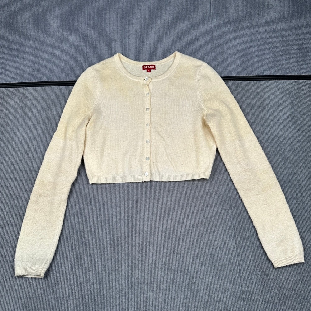 Vintag Womens Cropped Cardigan Sweater Y2k Cream Button Front Long Sleeve Size M